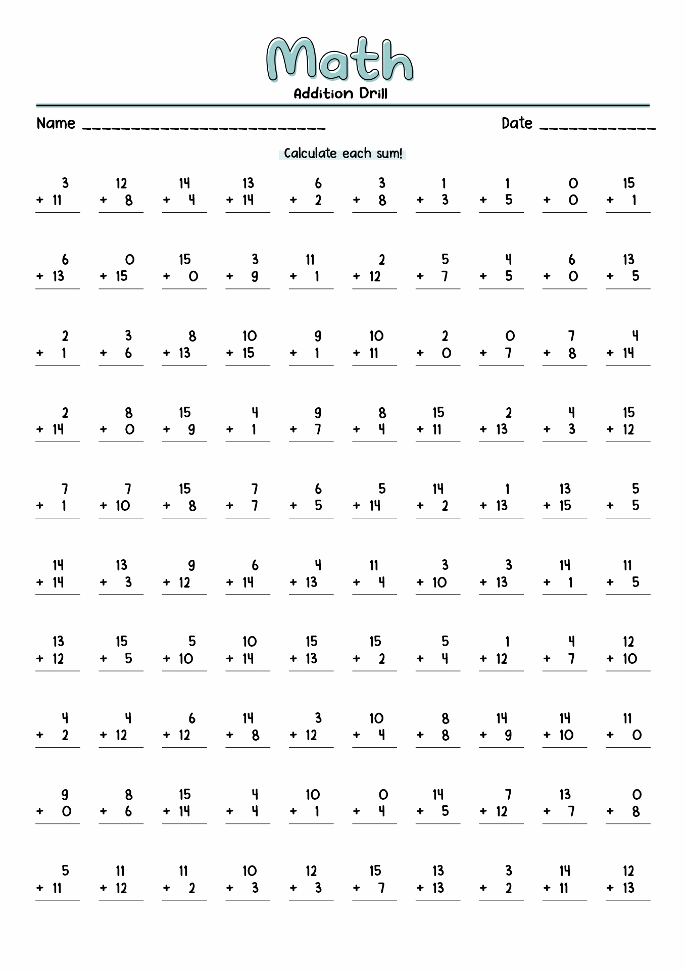 Math Addition Practice Sheets Image