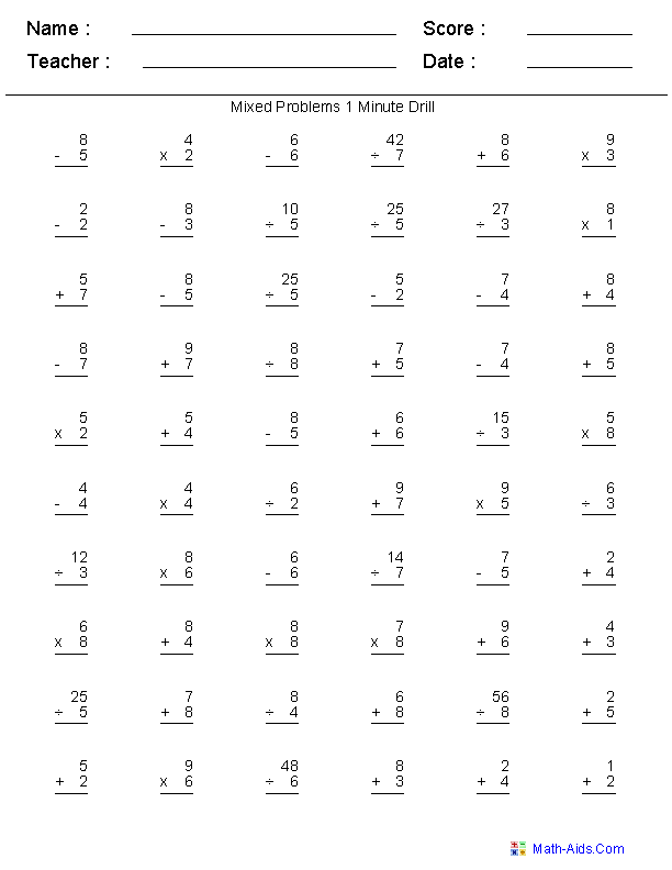 Mixed Math Problems Worksheets Image