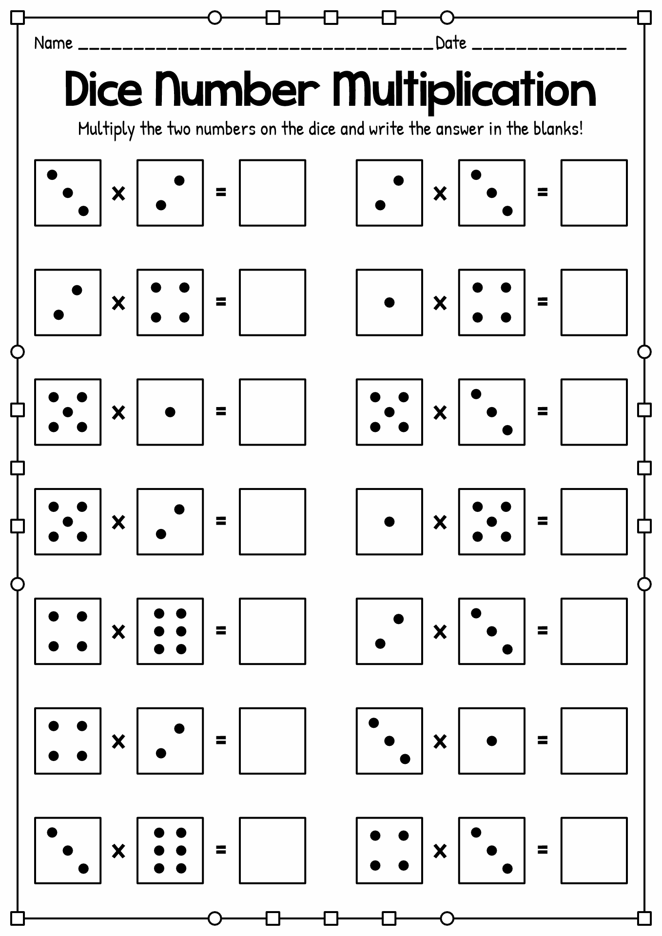 Multiplication Dice Game Worksheet