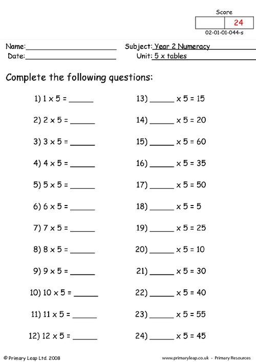 Multiplication Worksheets 5 Times Table Image
