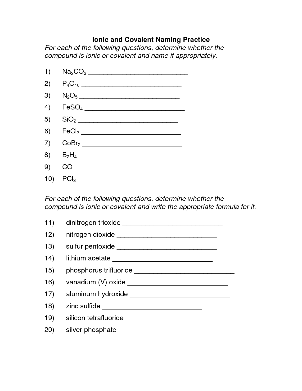 Naming Ionic and Covalent Compounds Worksheet Image