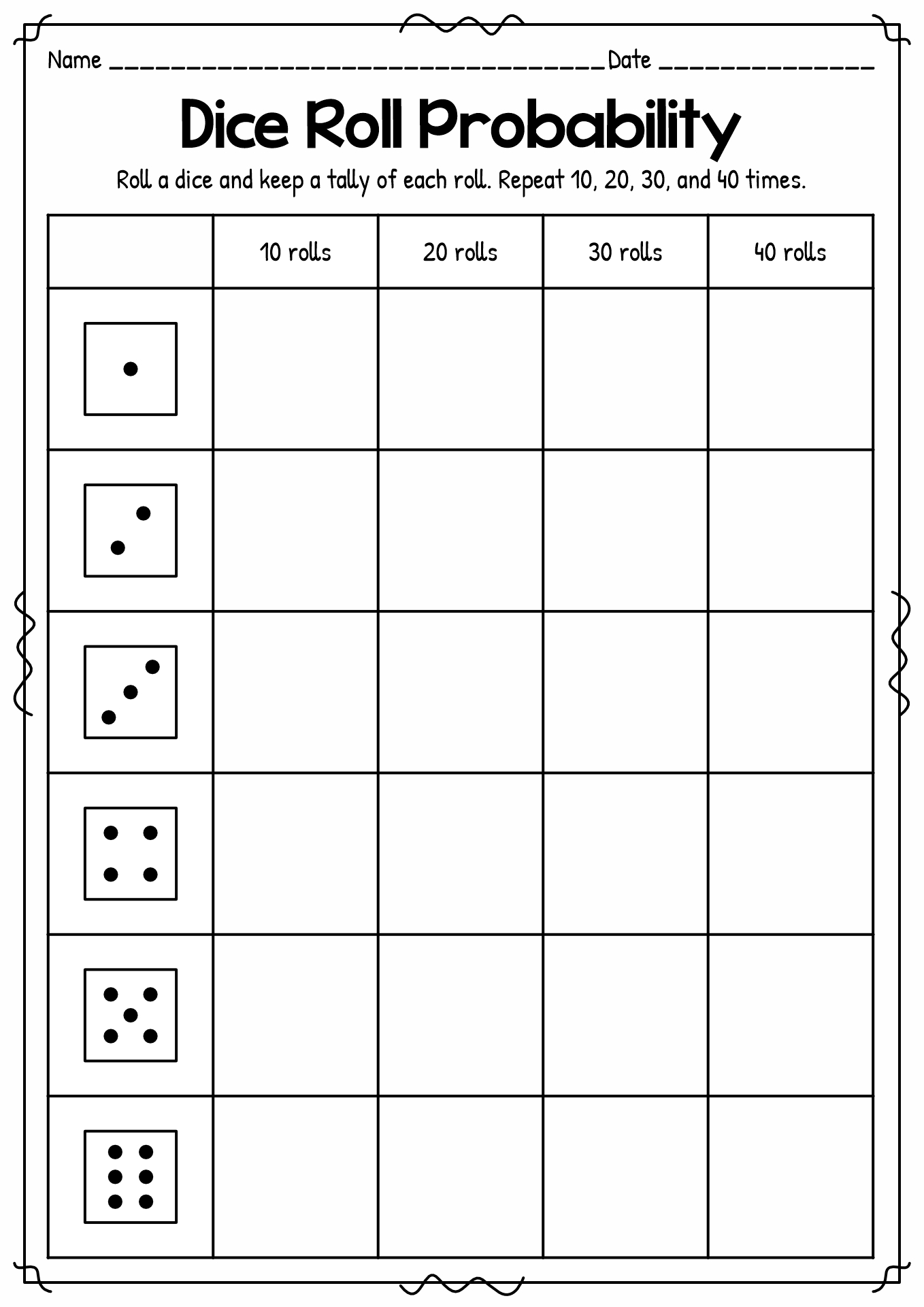 Probability with Dice Worksheet