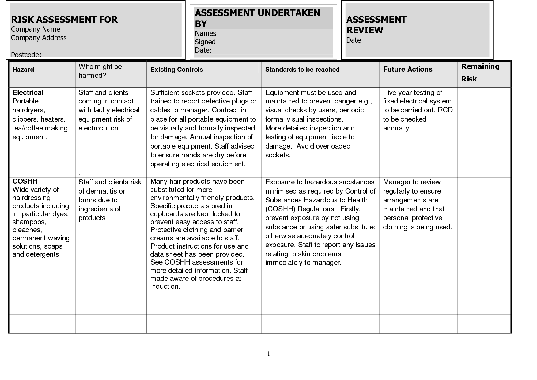 16 Safety Risk Assessment Worksheet