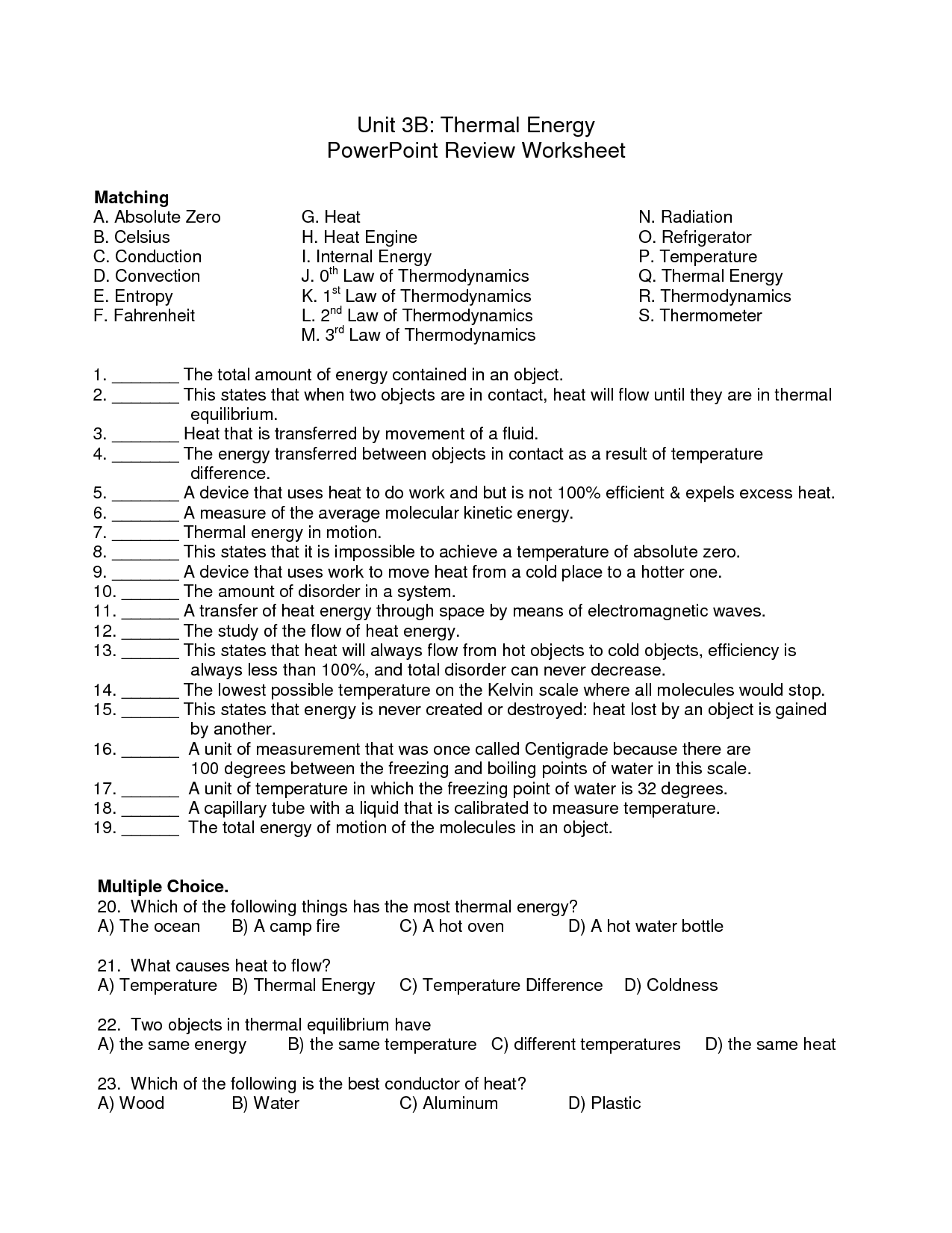 Thermal Energy Transfer Worksheet Answers Image