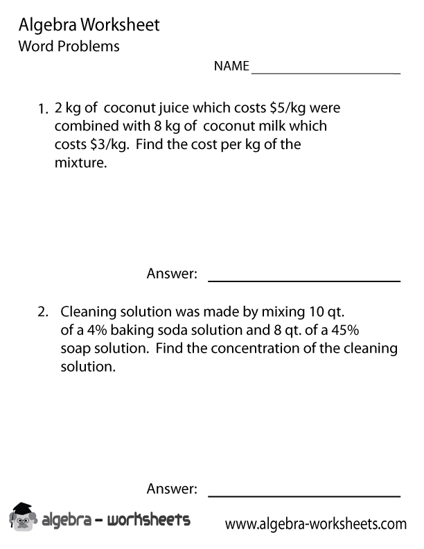 Word Problems Algebra 1 Worksheets Image