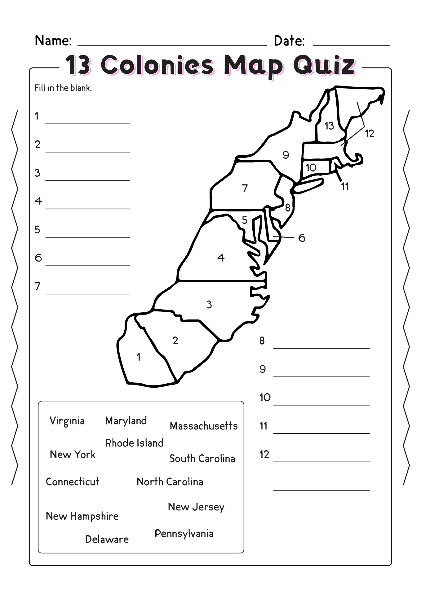13 Colonies Map Quiz