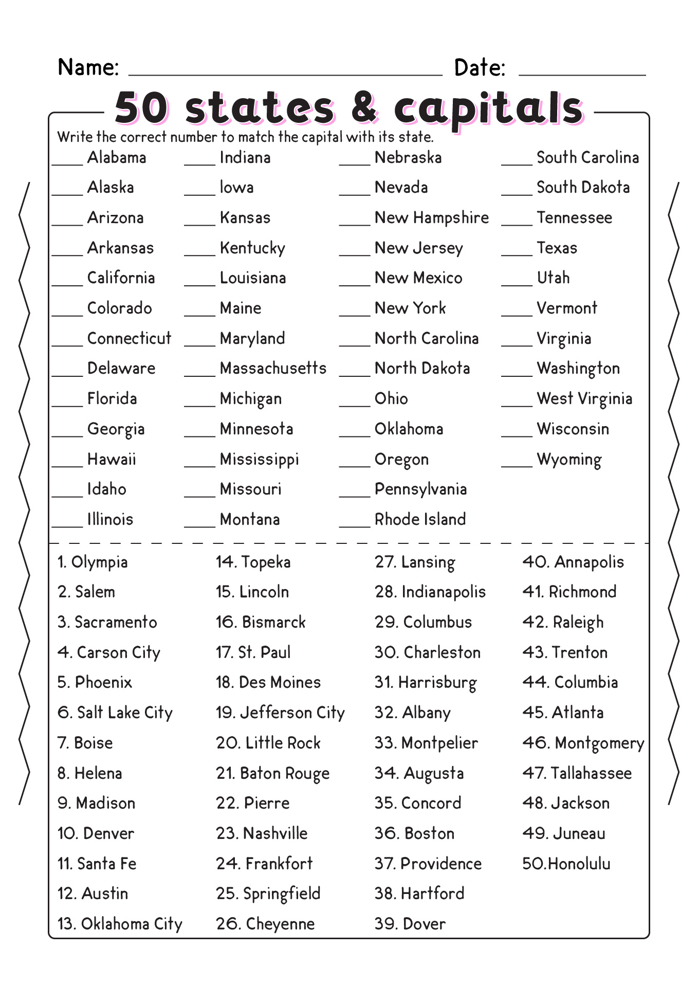 50 States and Capitals Printable Worksheet