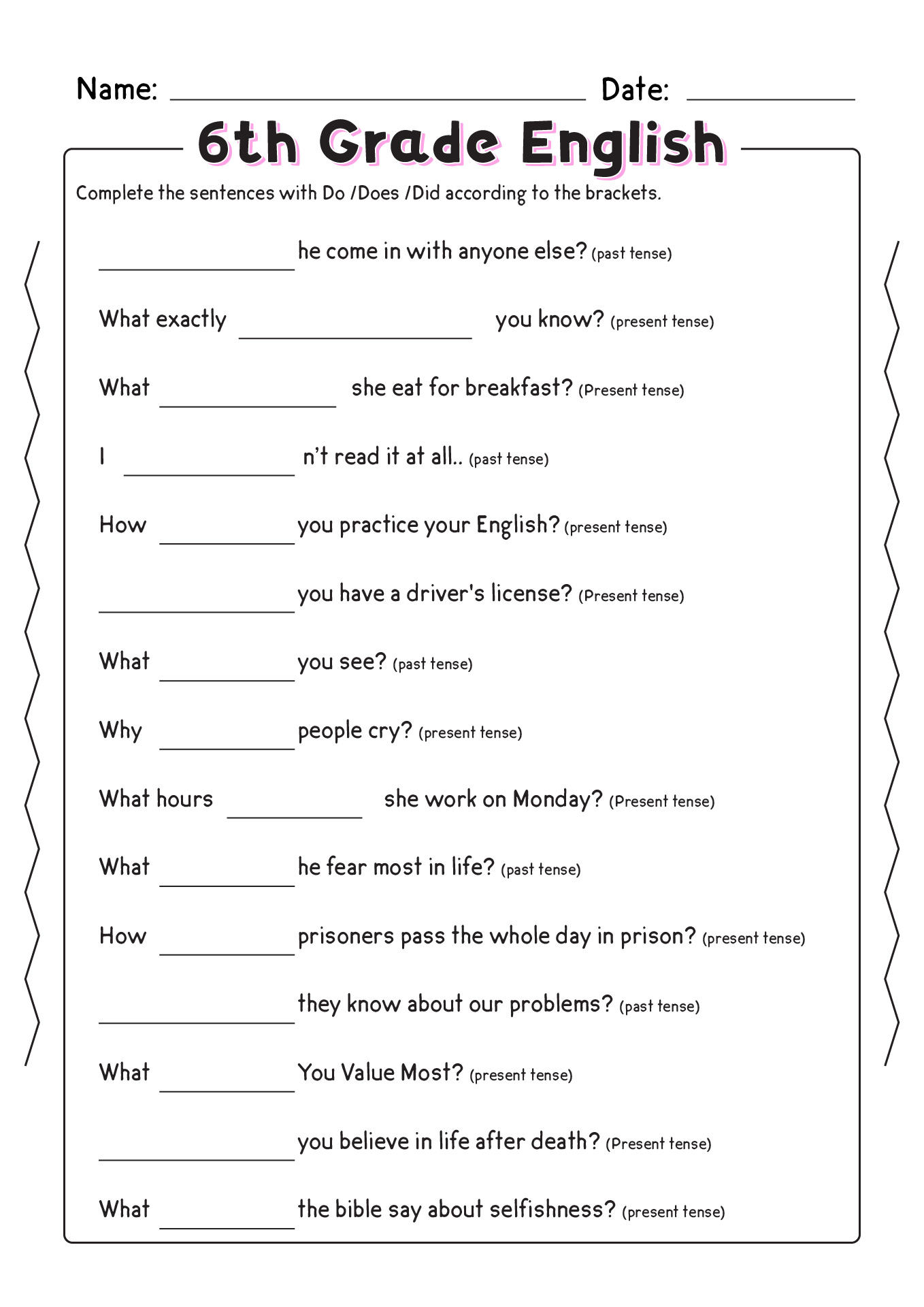 6th Grade English Worksheets