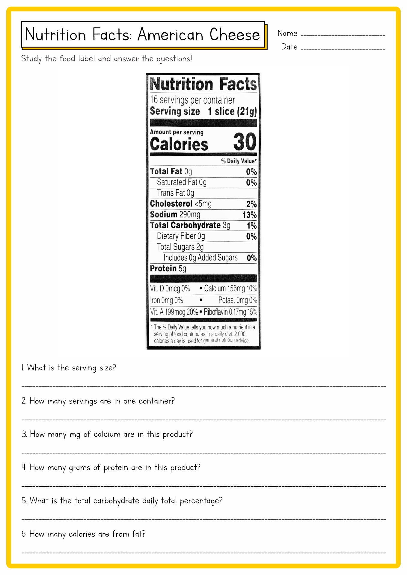 American Cheese Nutrition Facts Label