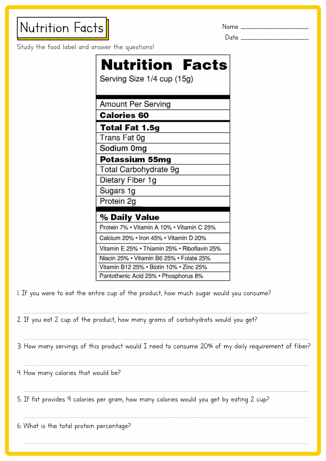 Blank Nutrition Facts Label Worksheet
