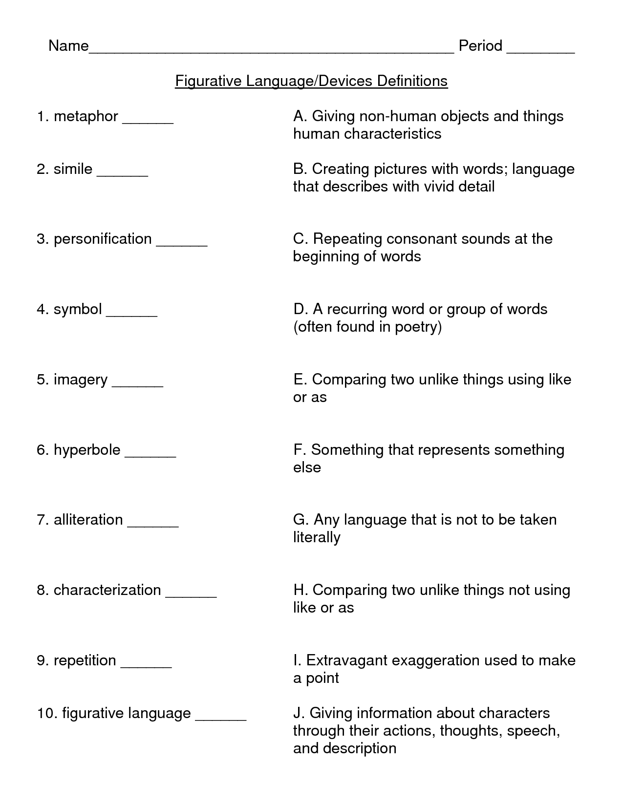 Figurative Language Worksheets High School