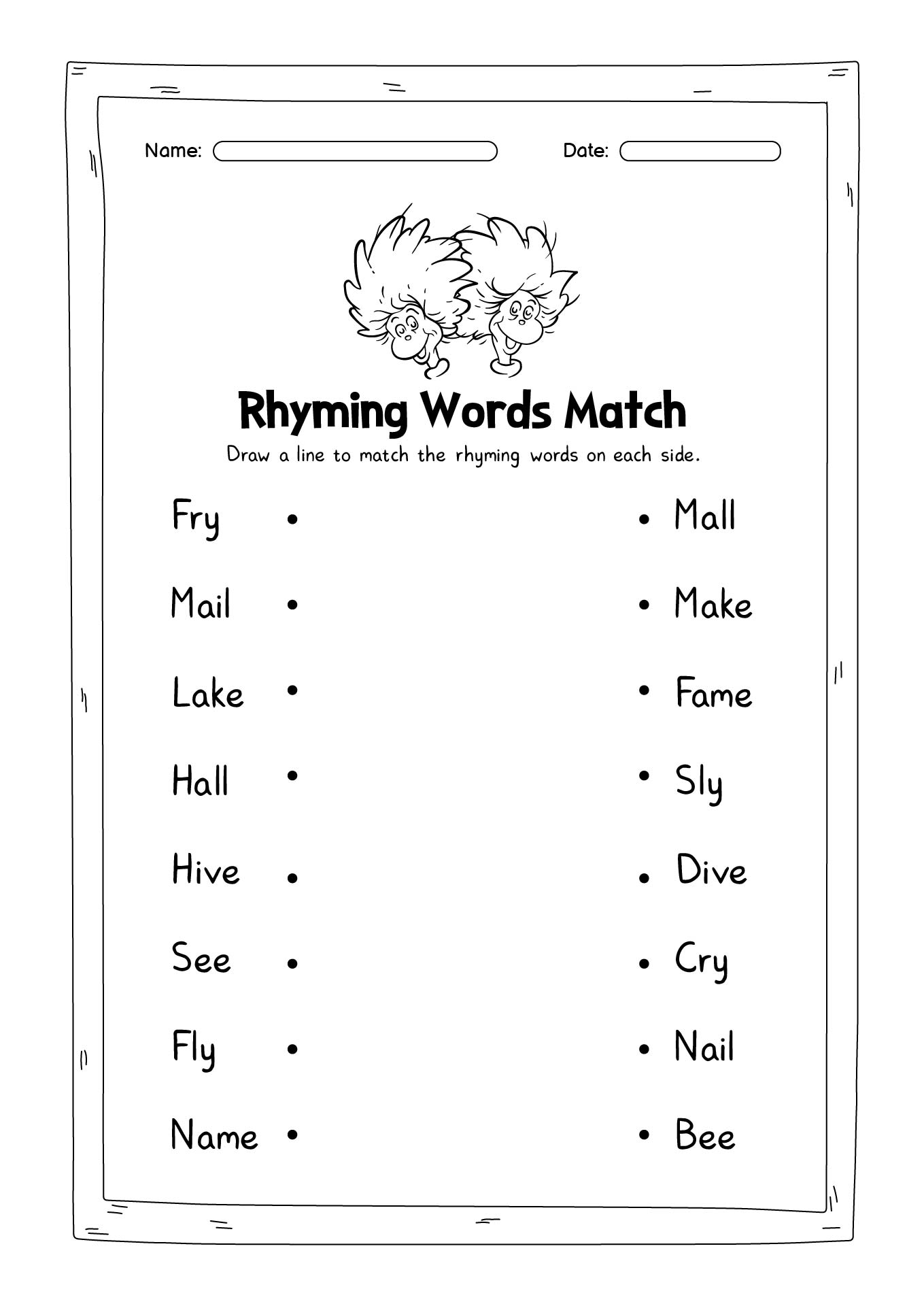 Dr. Seuss Rhyming Word Worksheet Image