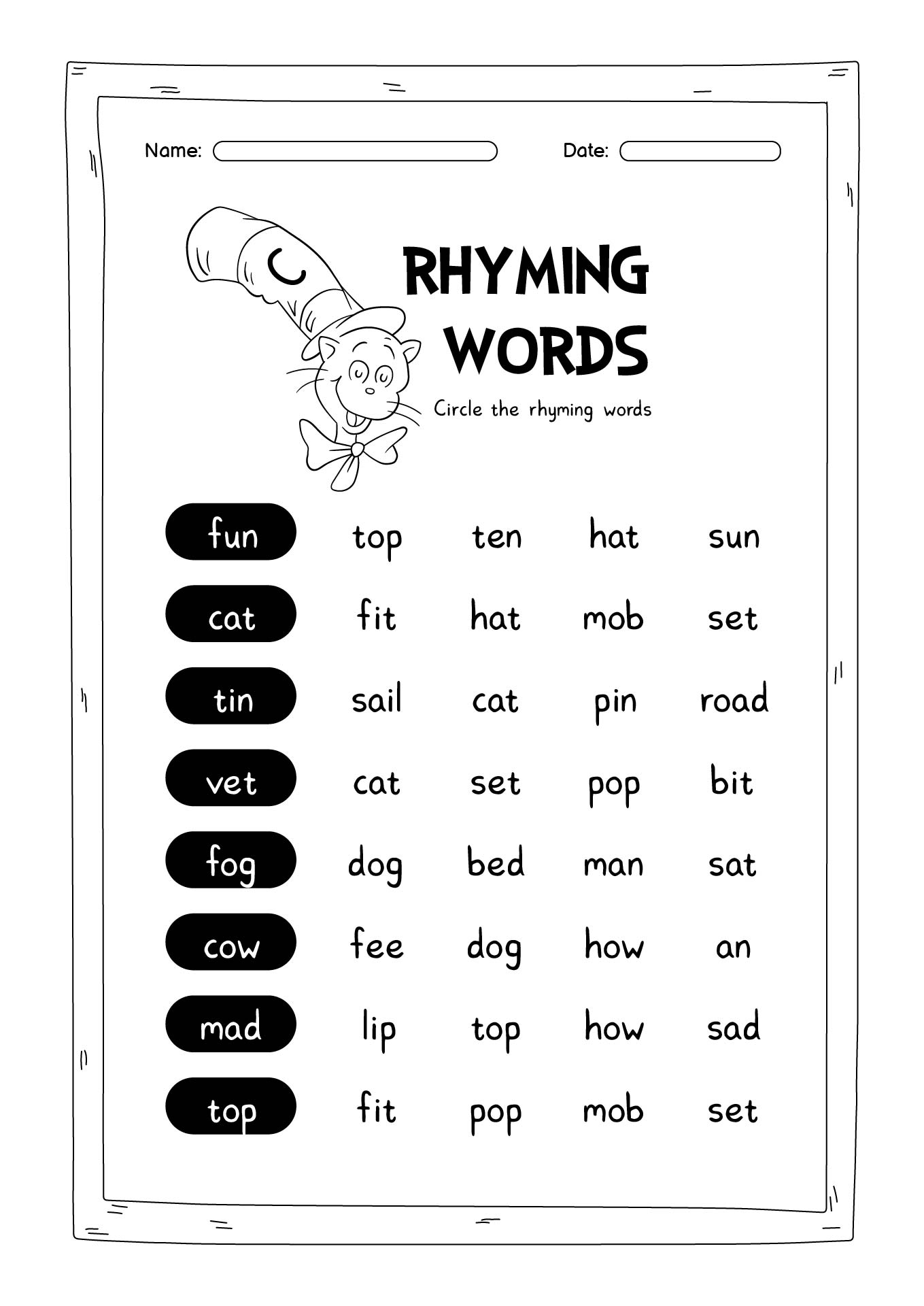 Dr. Seuss Rhyming Worksheet Kindergarten Image