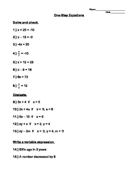 Expression One Step Equations Worksheets Image