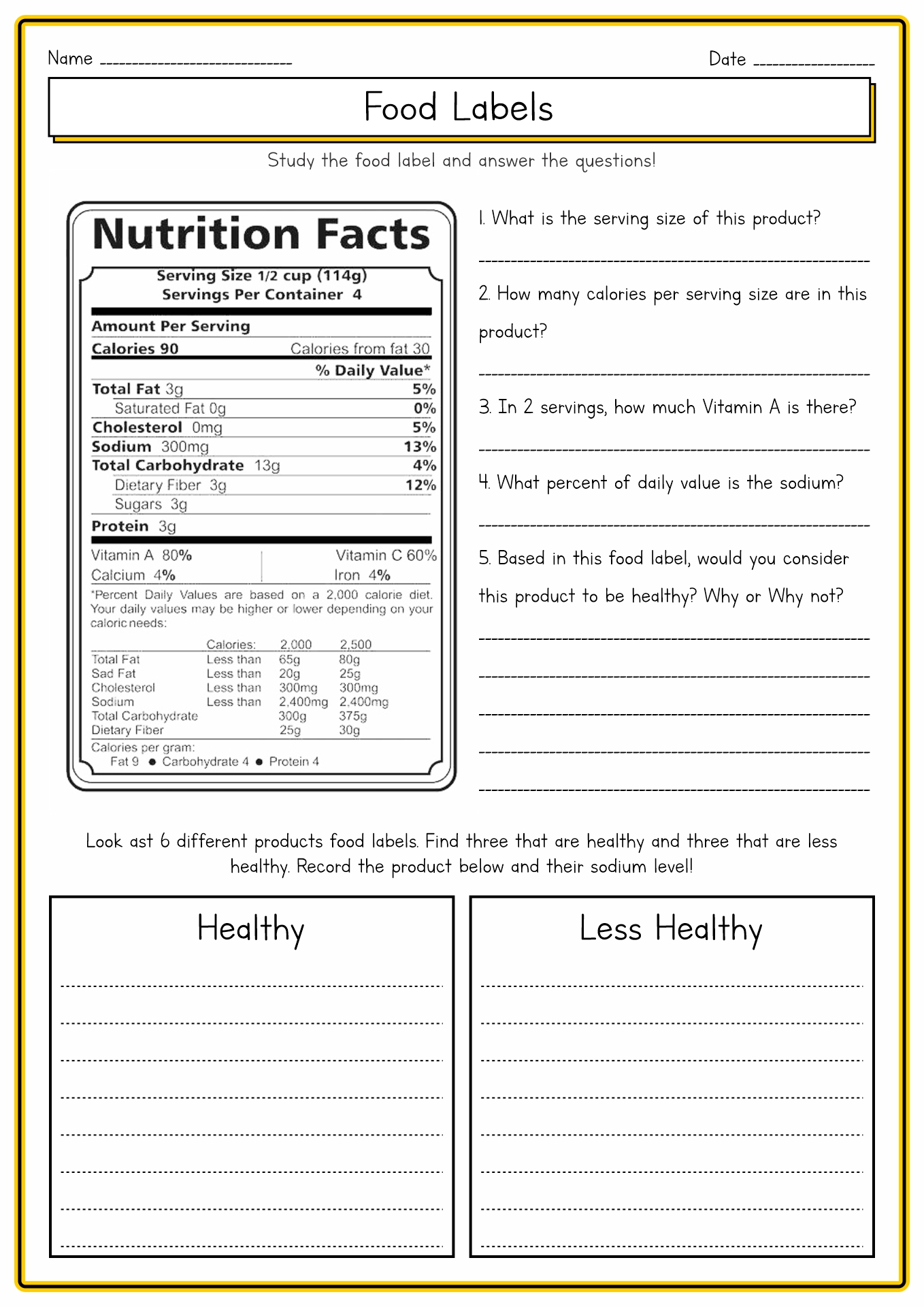 Food Label Worksheet Image