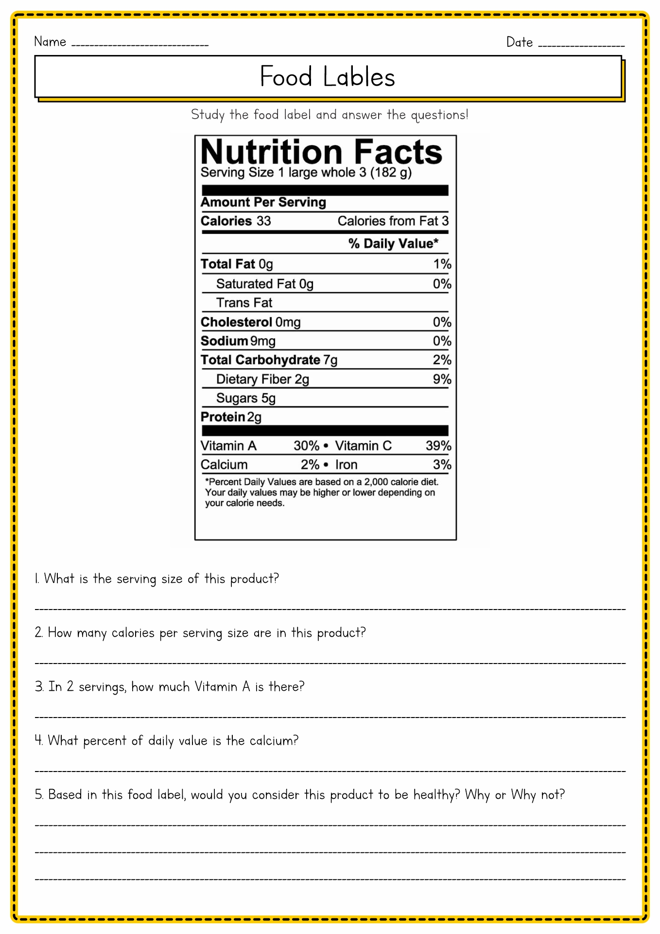 Food Label Worksheet