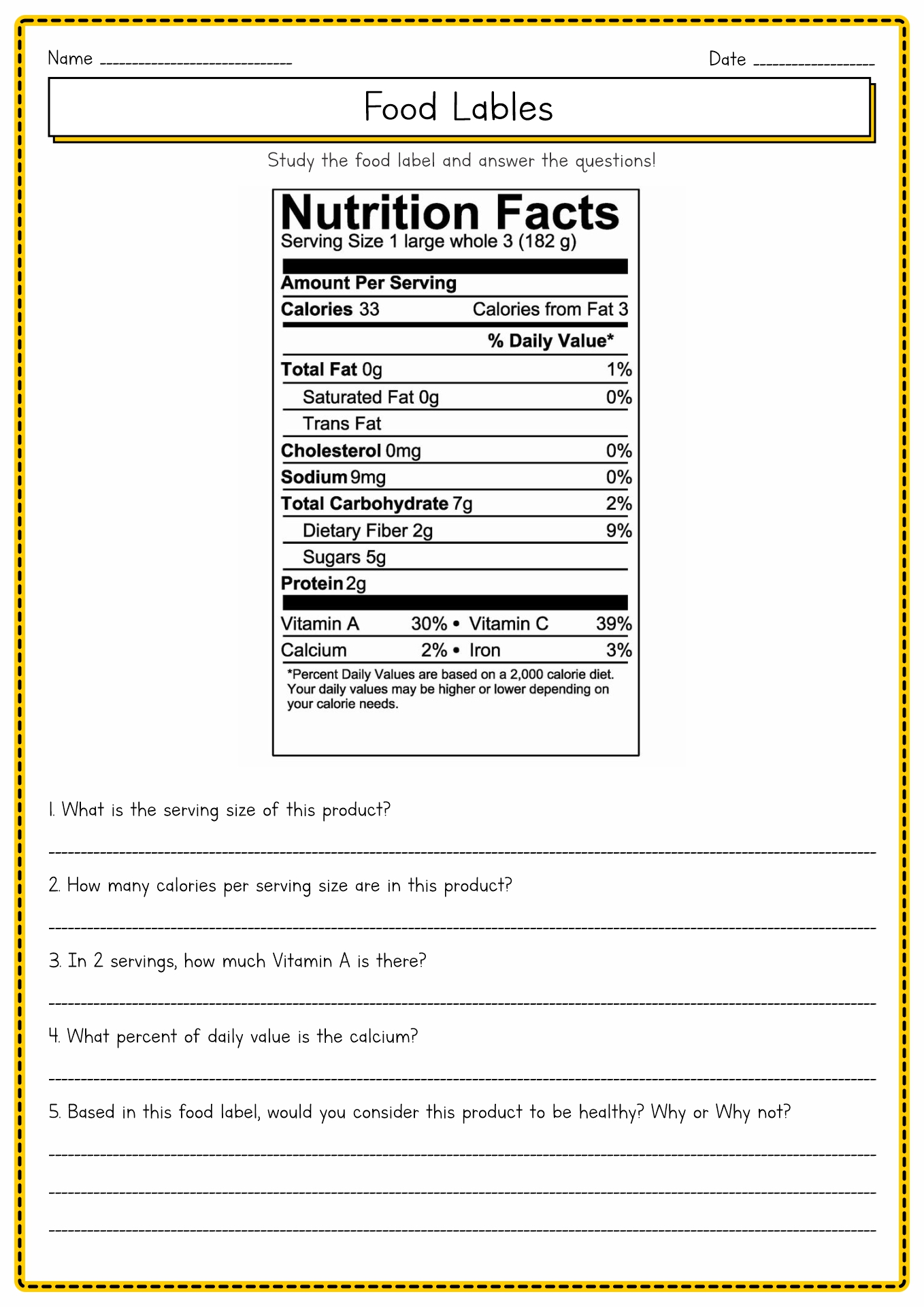 Free Printable Reading Food Labels Worksheet