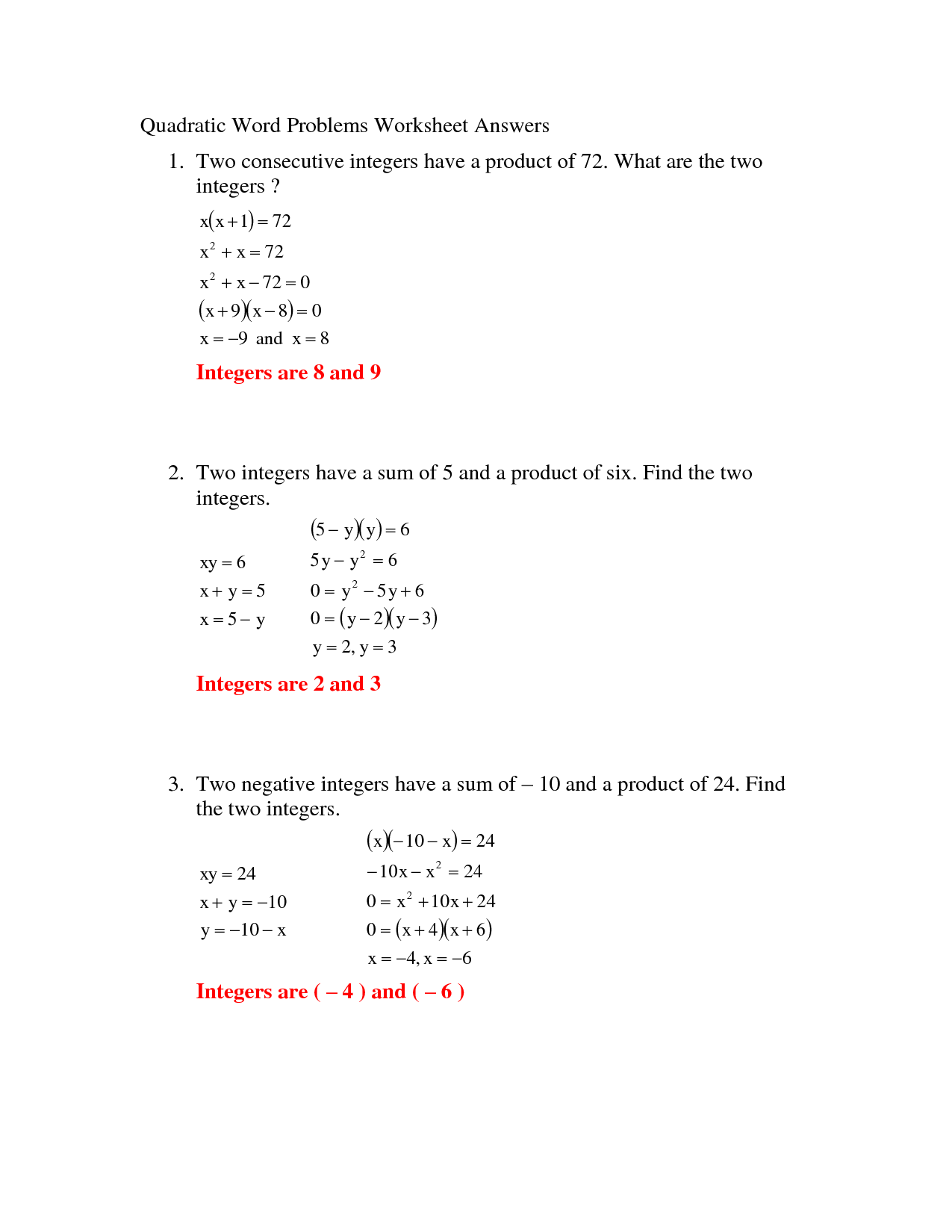 Integer Word Problems Worksheets Image