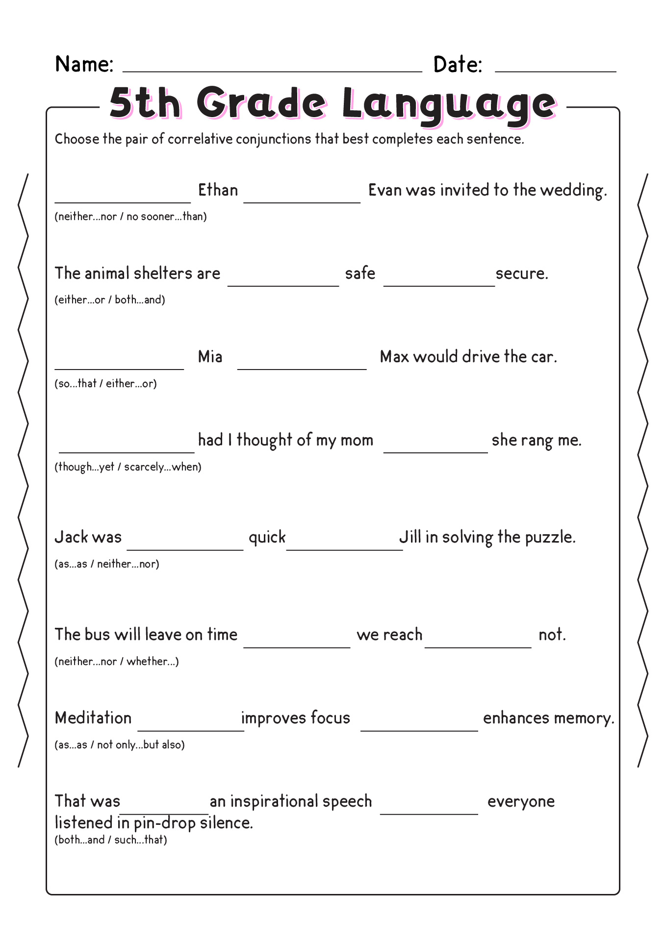 Language Worksheets for 5th Grade