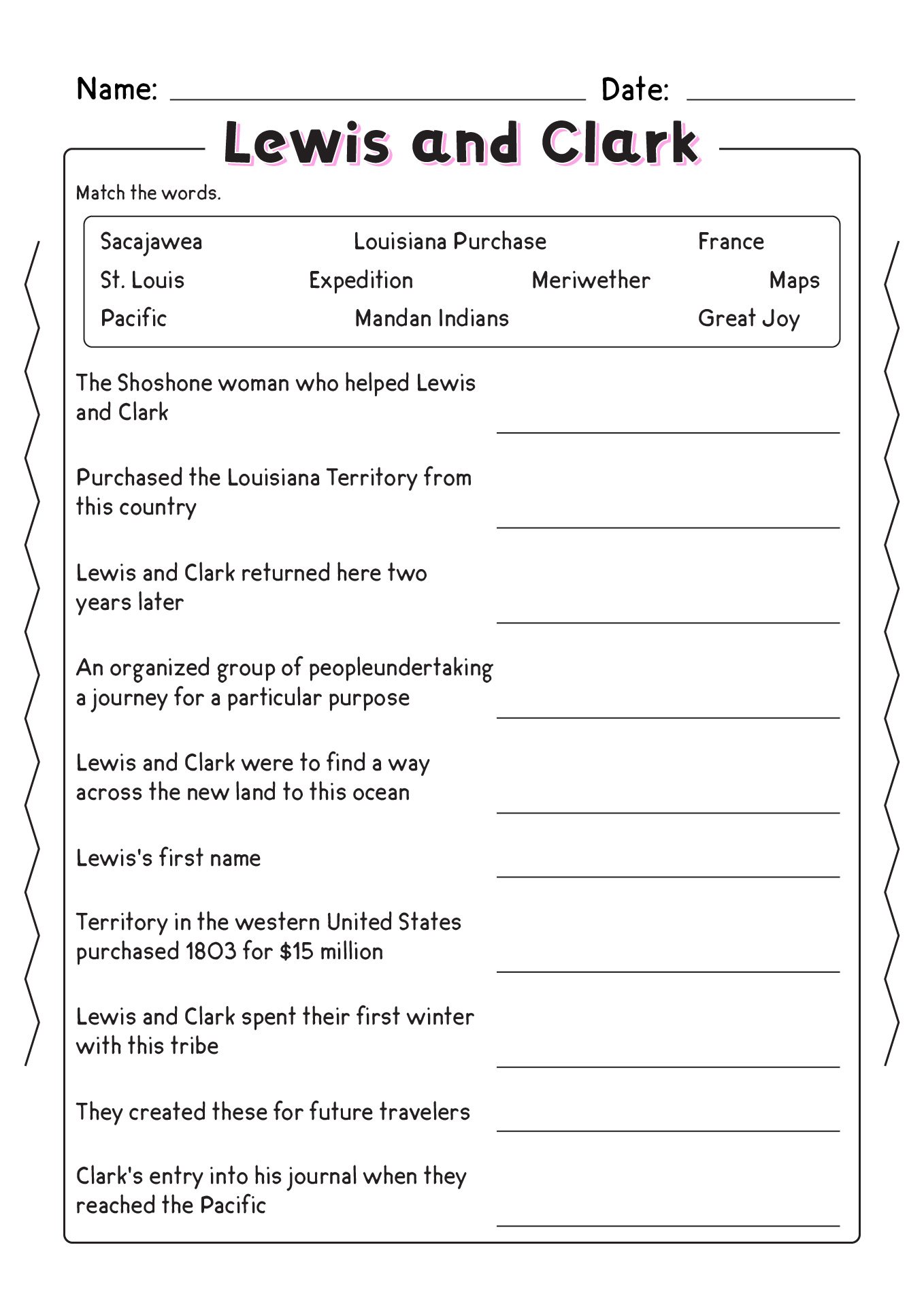 Lewis and Clark Worksheets