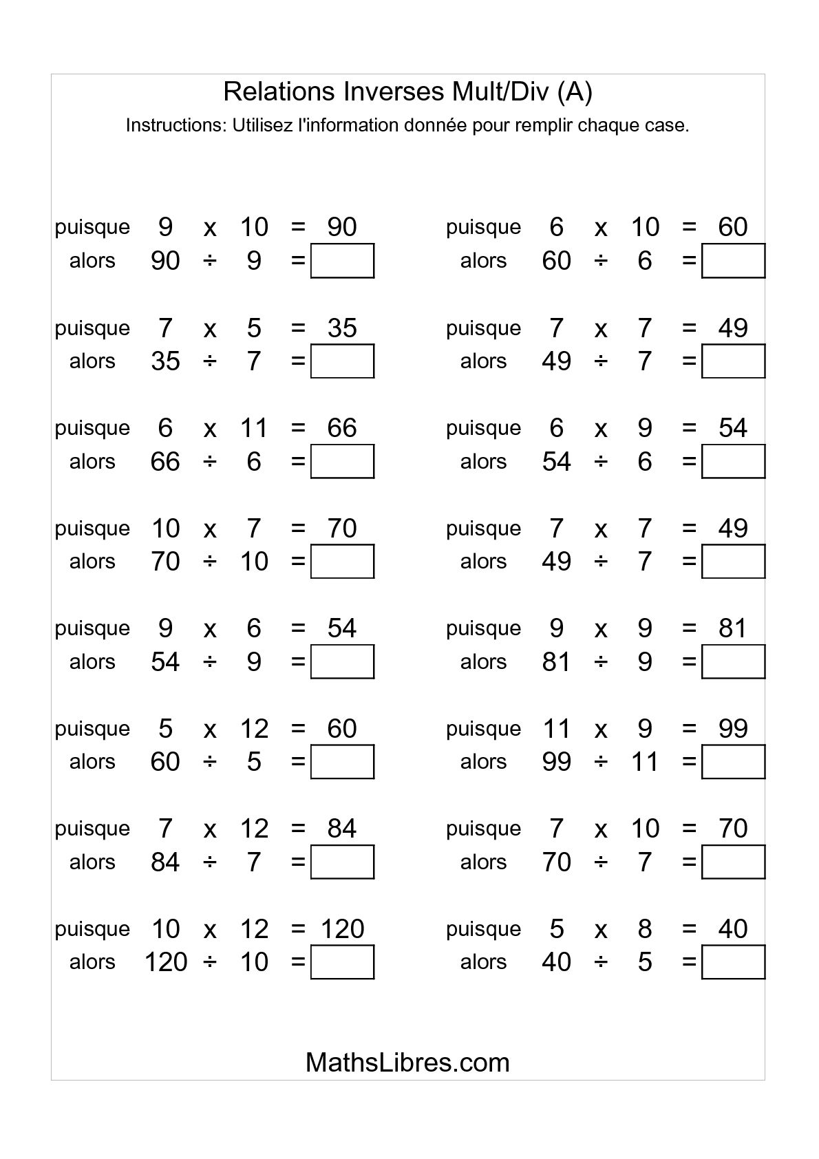 Multiplication and Division Equations Worksheet Image
