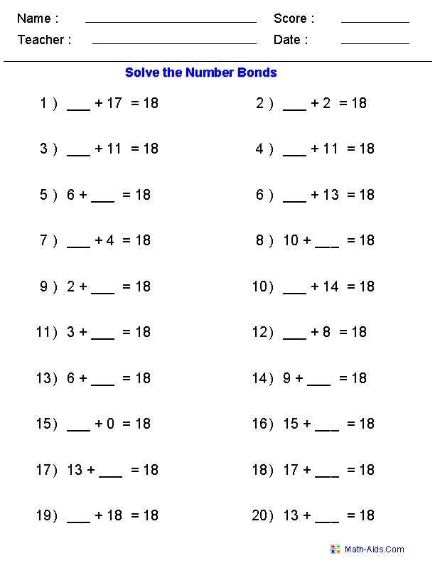 Number Bond Worksheet Printables