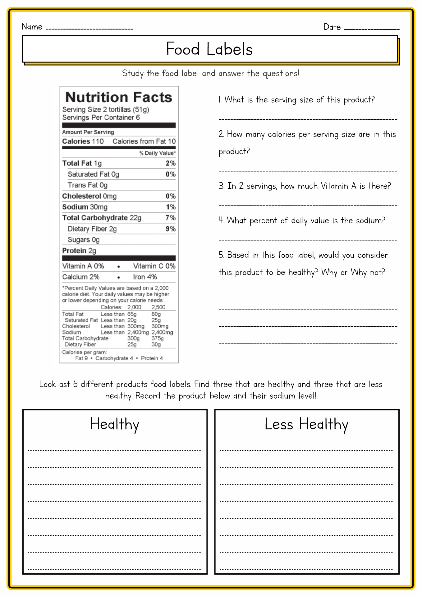 Printable Food Nutrition Labels Worksheet