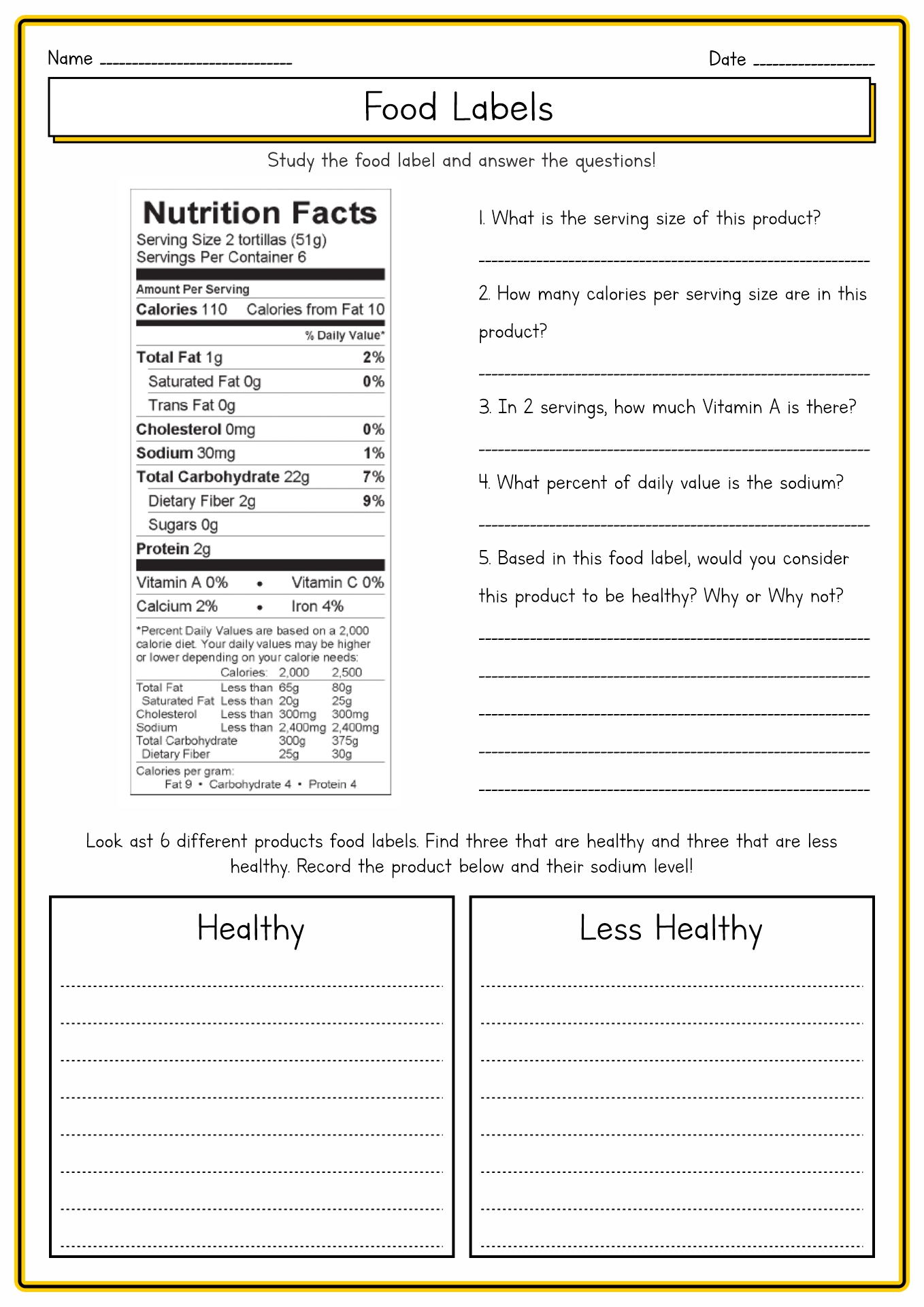 Free Printable Food Label Worksheets Pdf