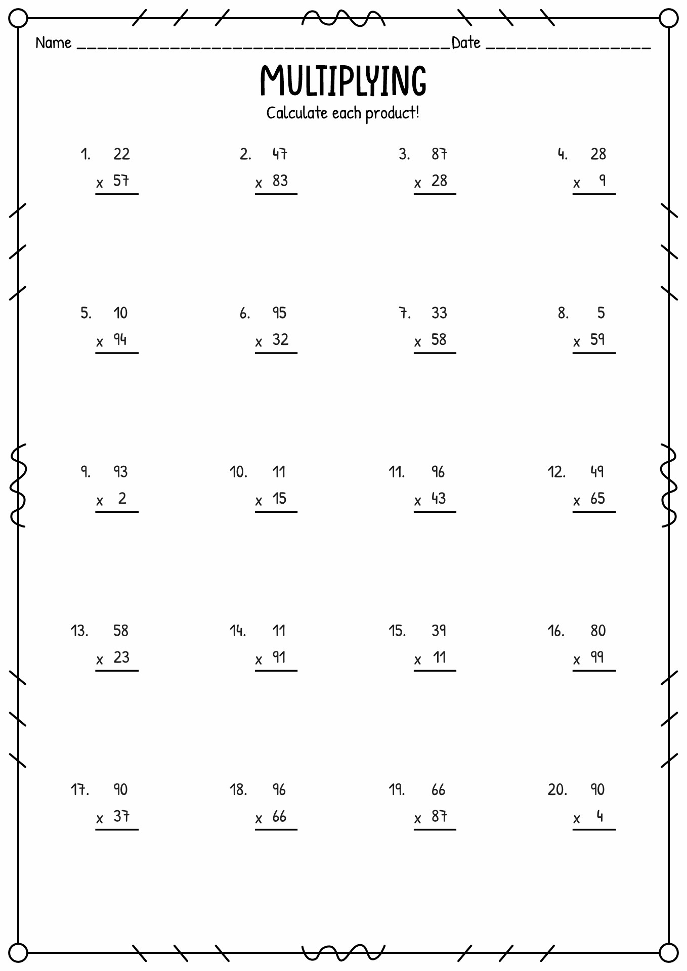 Printable Multiplication Worksheets 4th Grade Math
