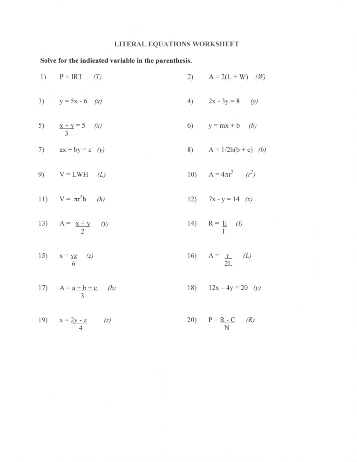 Solving Literal Equations Worksheet Image