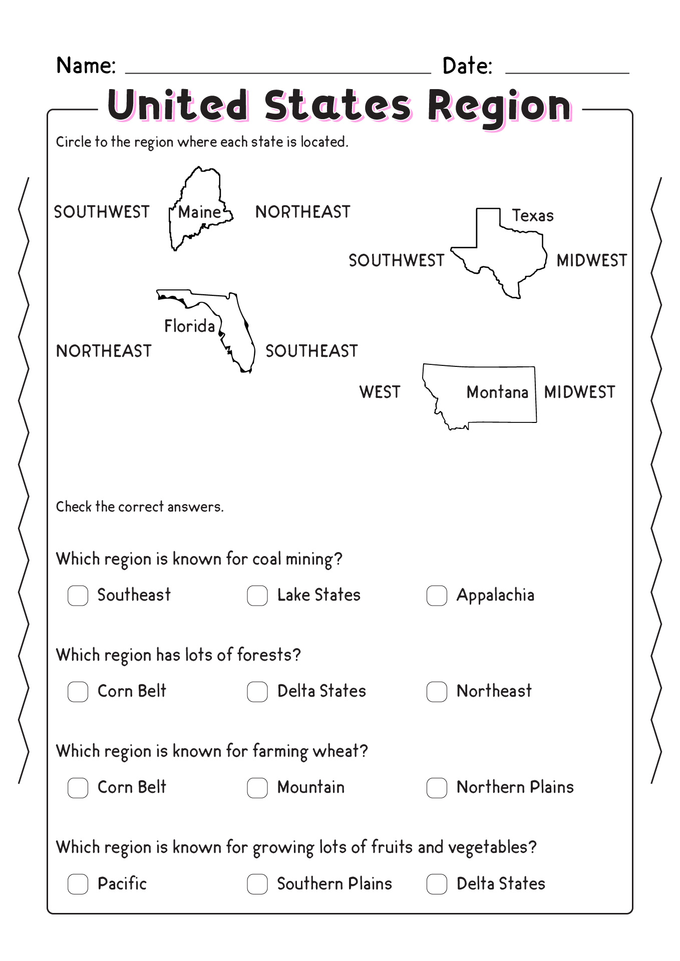 United States Regions Worksheets