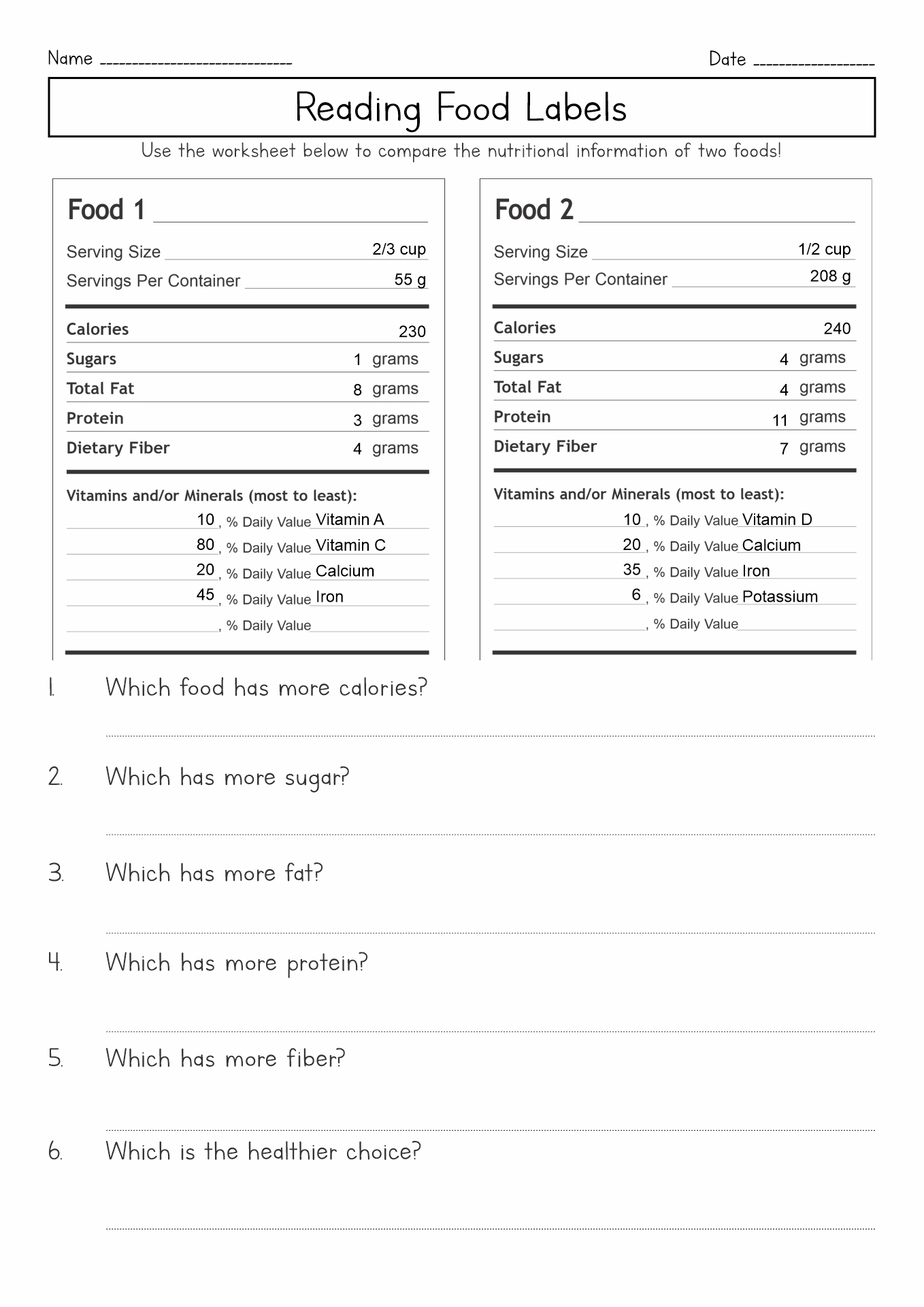 Worksheets Reading Food Labels