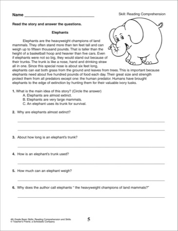 4th Grade Reading Comprehension Printable Worksheets