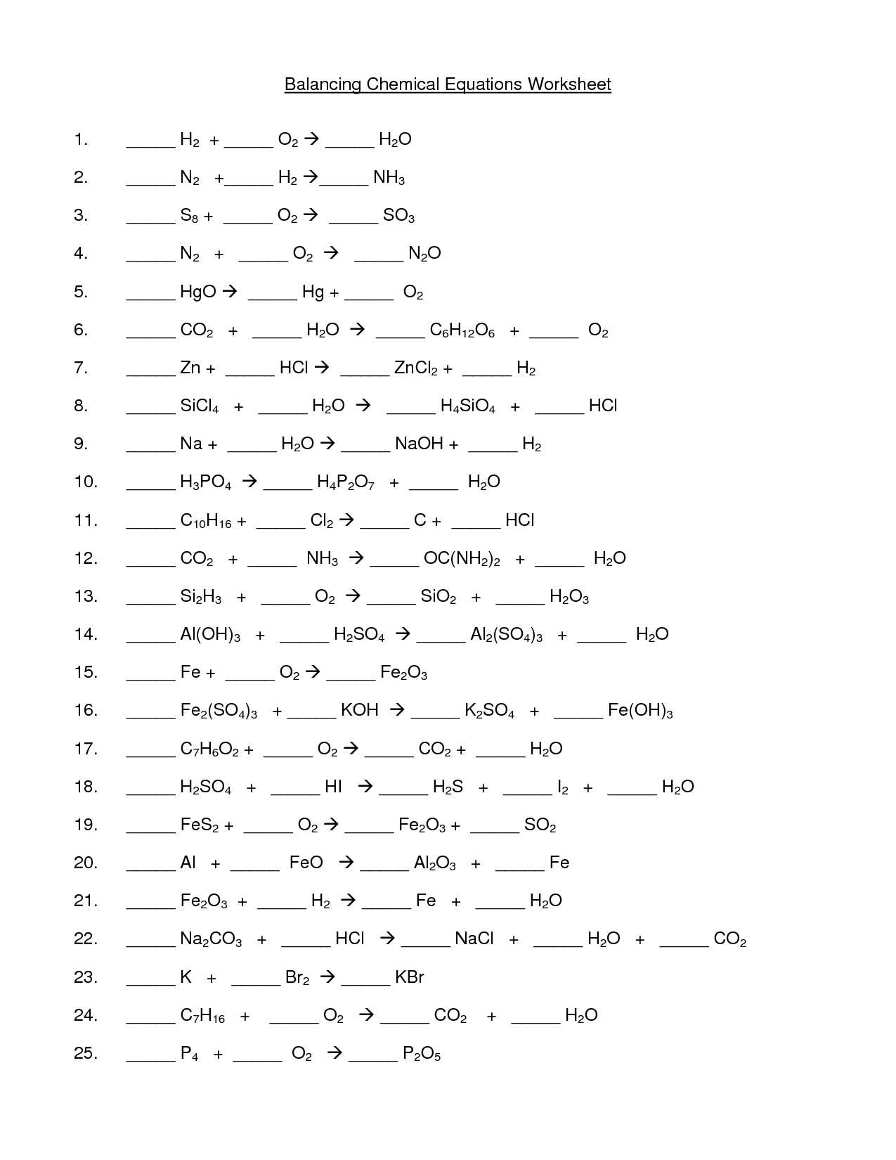 balancing chemical equations worksheet intermediate level answers