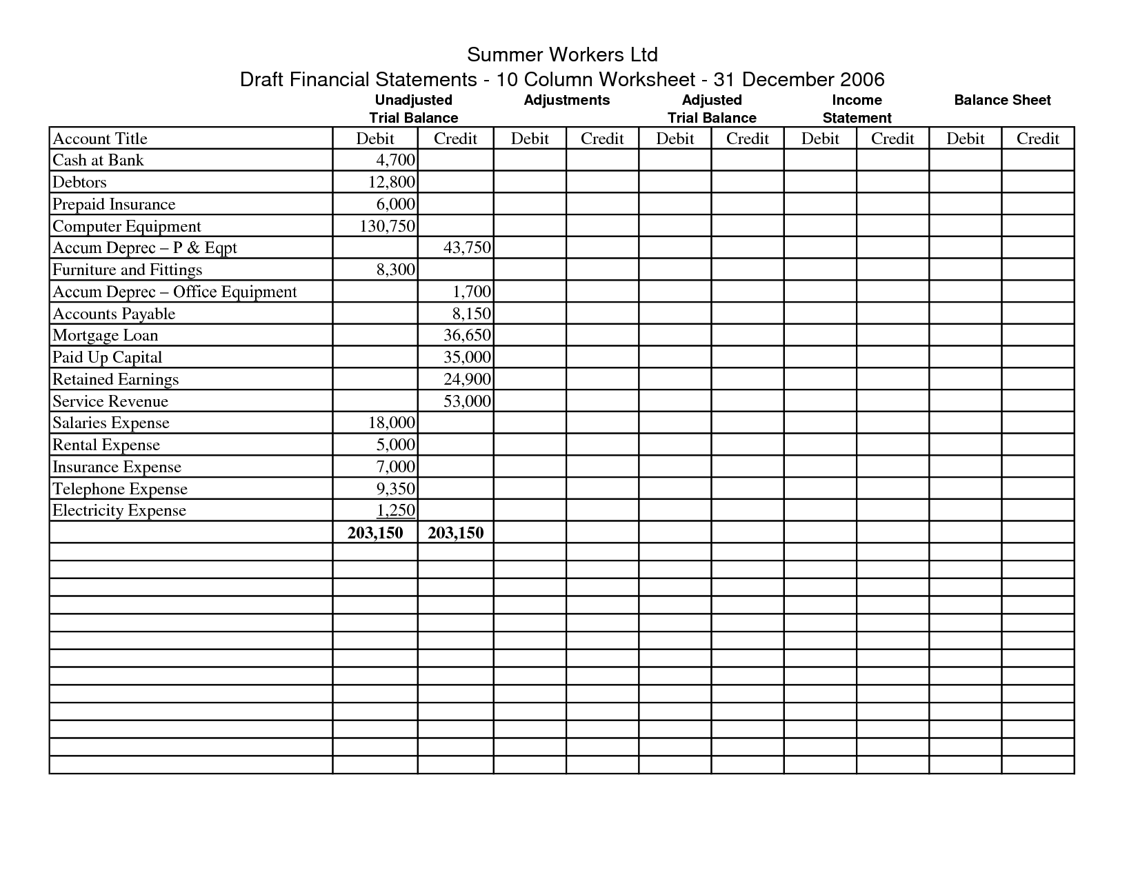 Blank 10 Column Accounting Worksheet Template