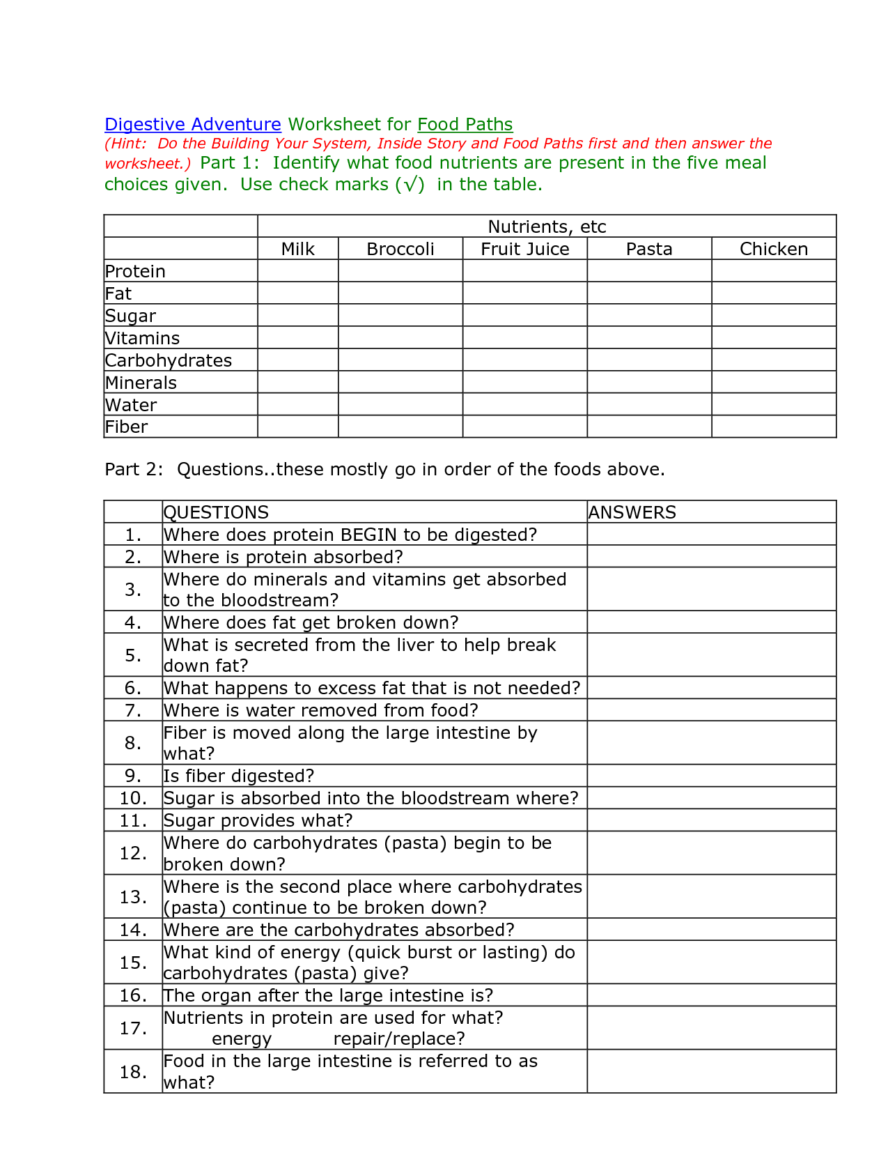 Digestive System Worksheets and Answers Image