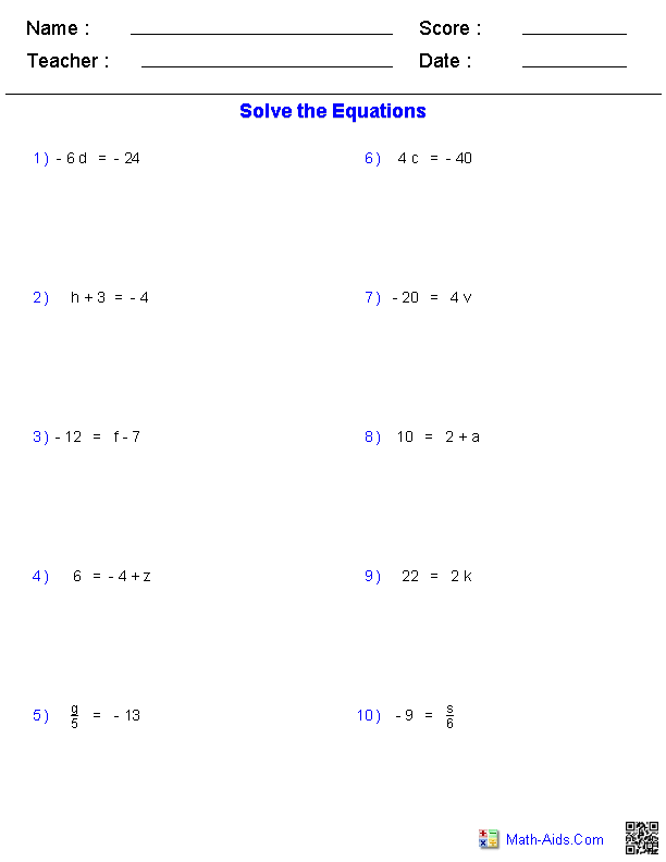 One Step Equations Worksheets Image