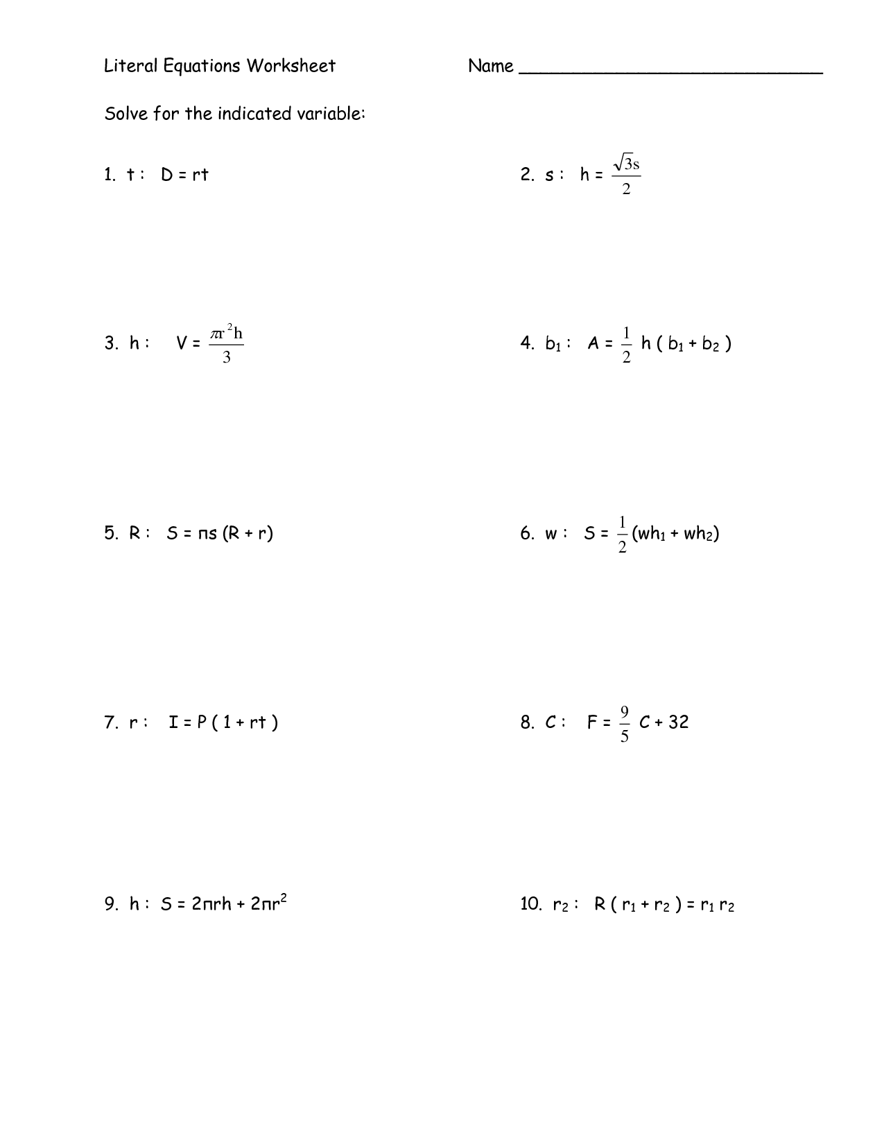 Solving Literal Equations Worksheet Image