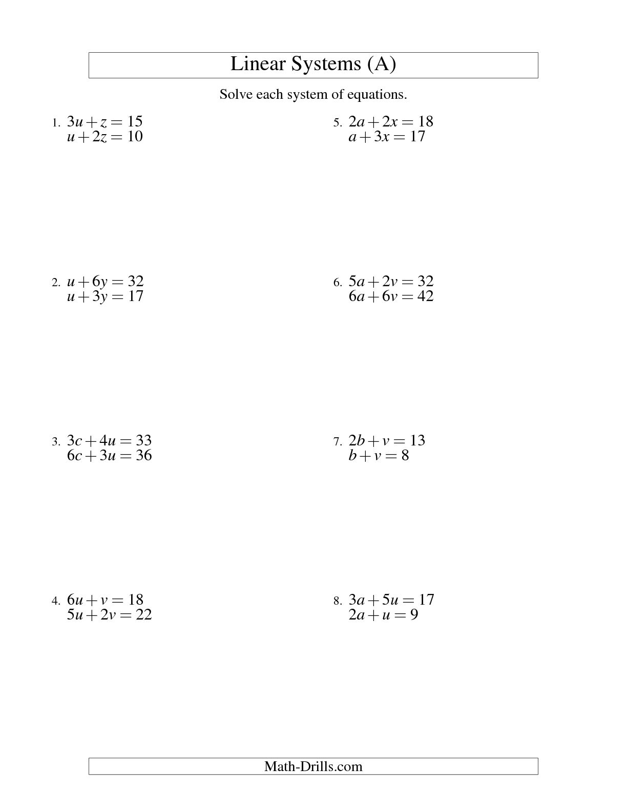 Systems of Linear Equations Two Variables Worksheets Image