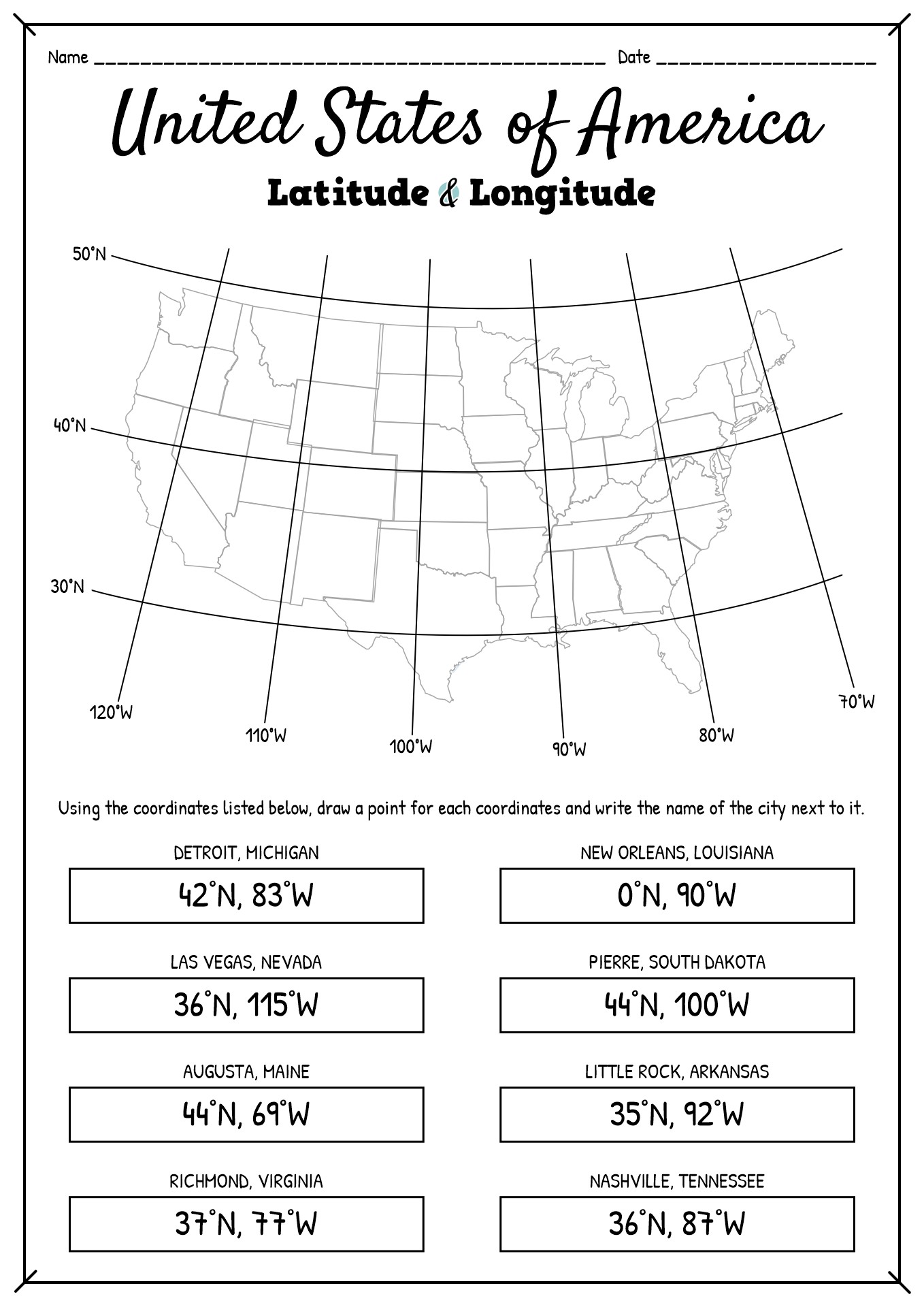 USA Latitude and Longitude Worksheet