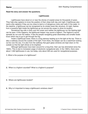 6th Grade Reading Comprehension Worksheets with Questions Image