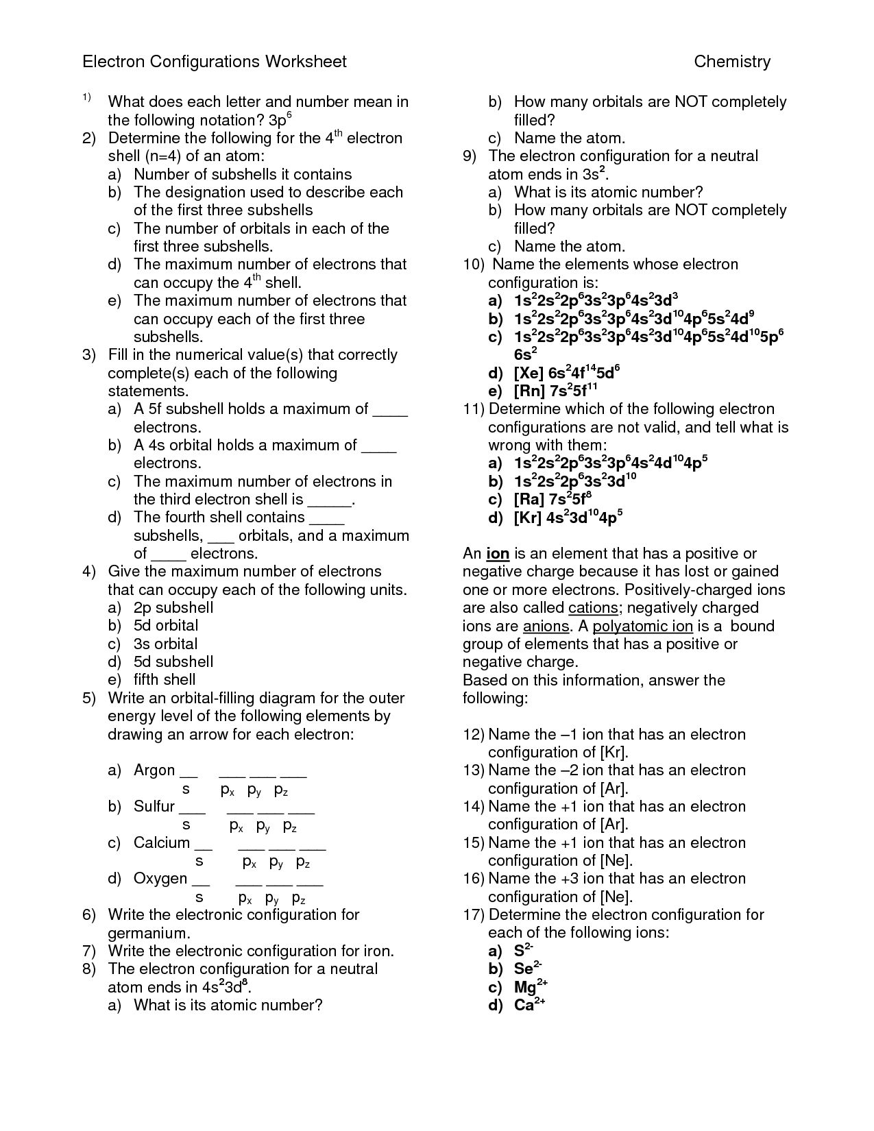 Chemistry Electron Configuration Worksheet Image