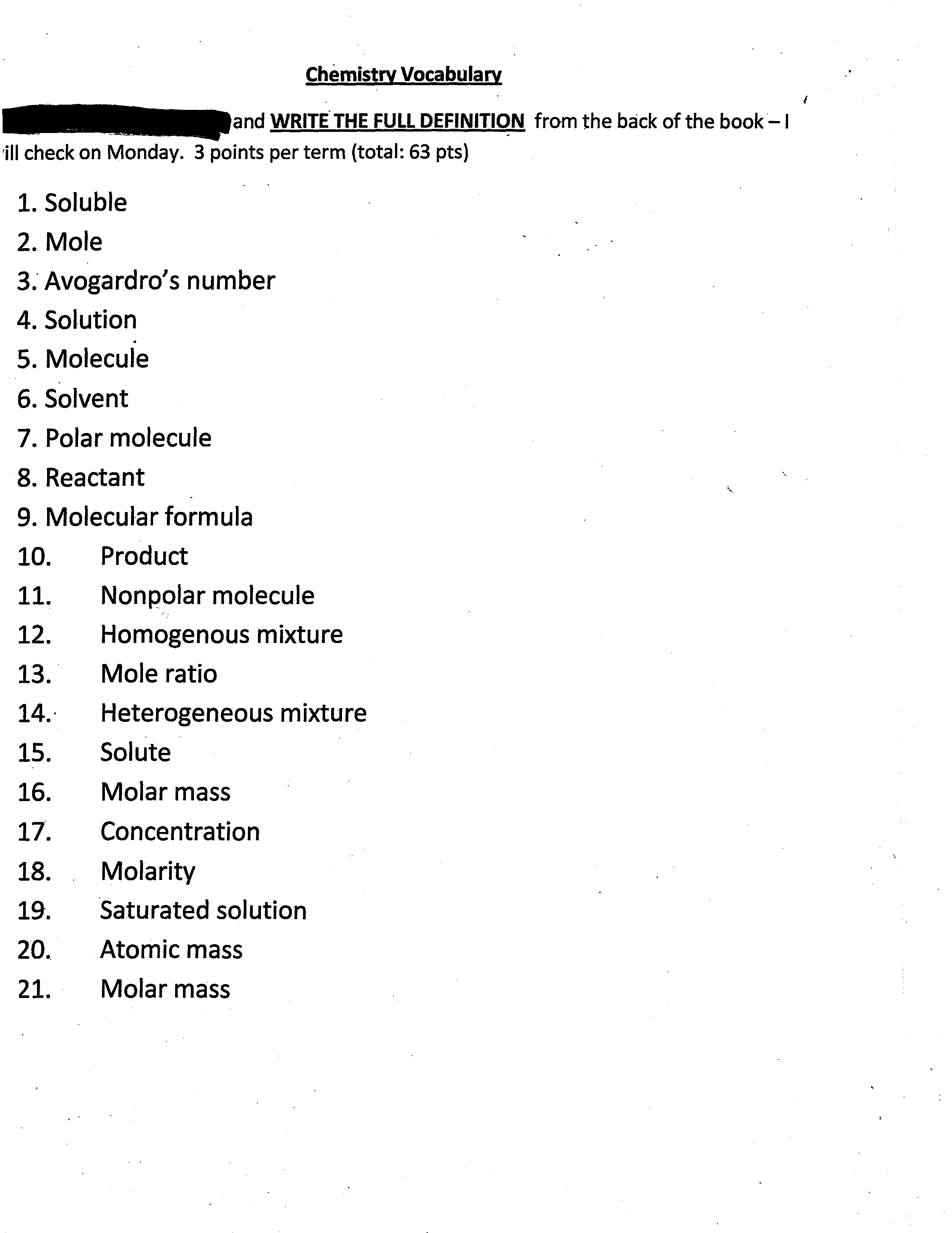 Chemistry Vocabulary Worksheet