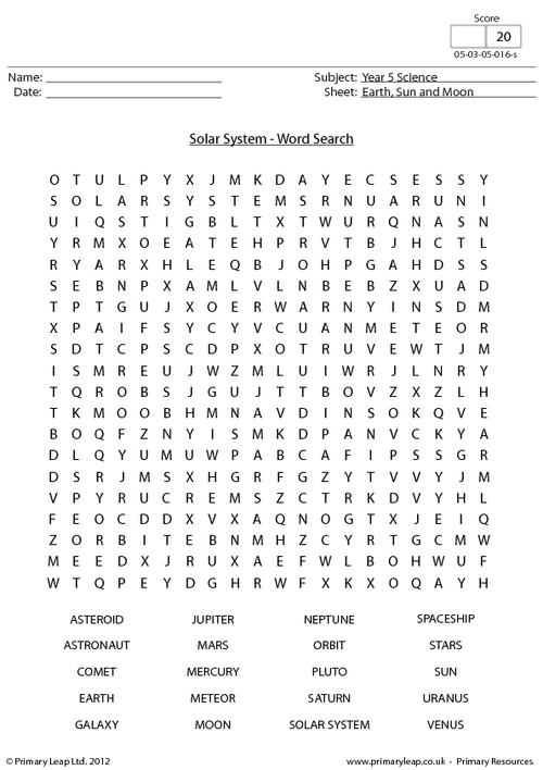 Solar System Word Search Worksheet