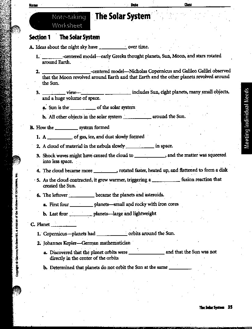 The Solar System Note Taking Worksheet Answers