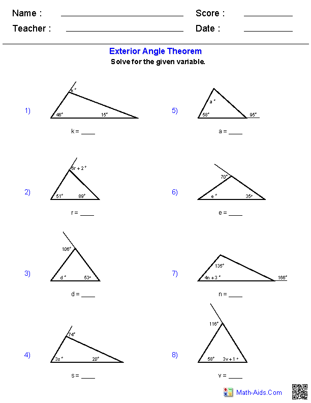 Triangle Exterior Angle Theorem Worksheet Image