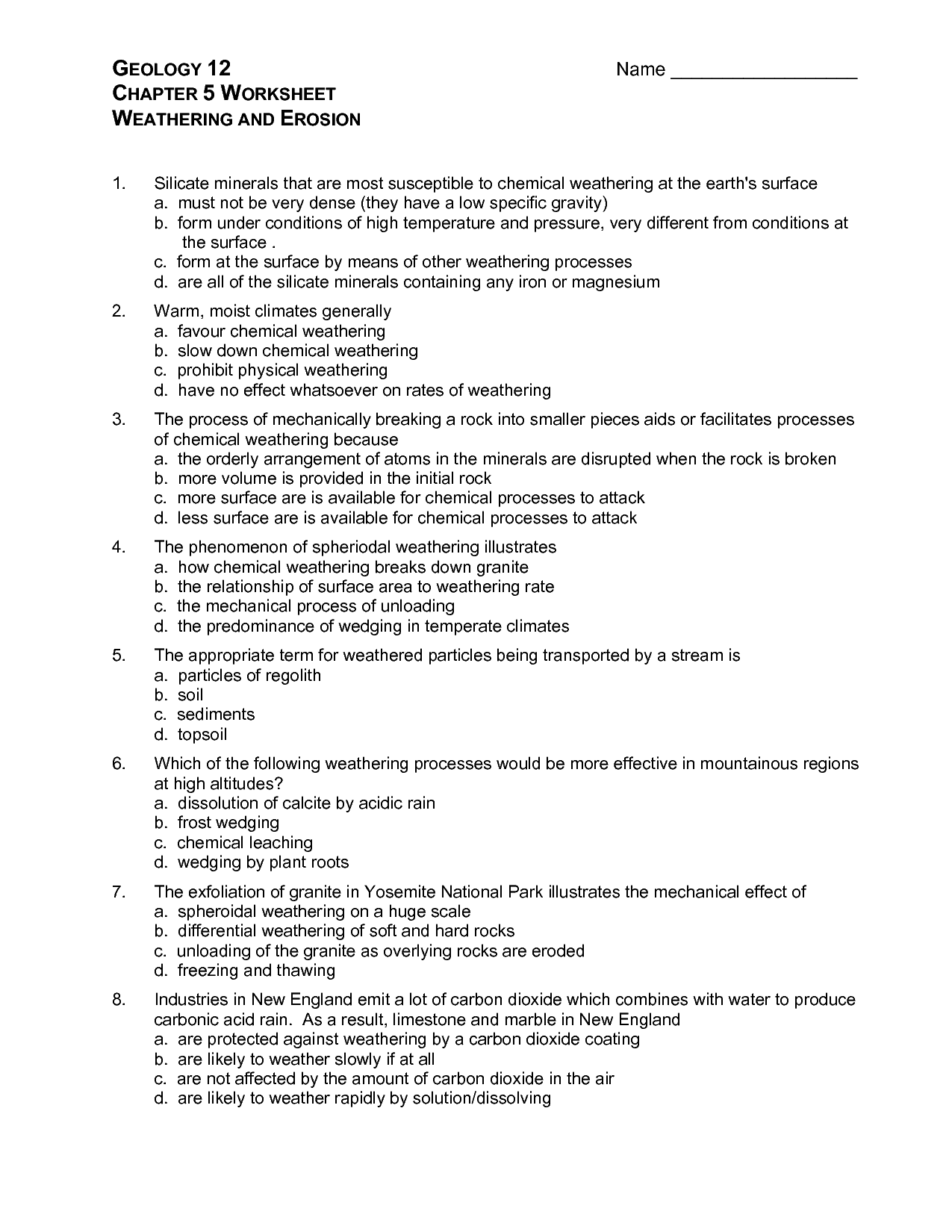 Weathering and Erosion Worksheet Answers