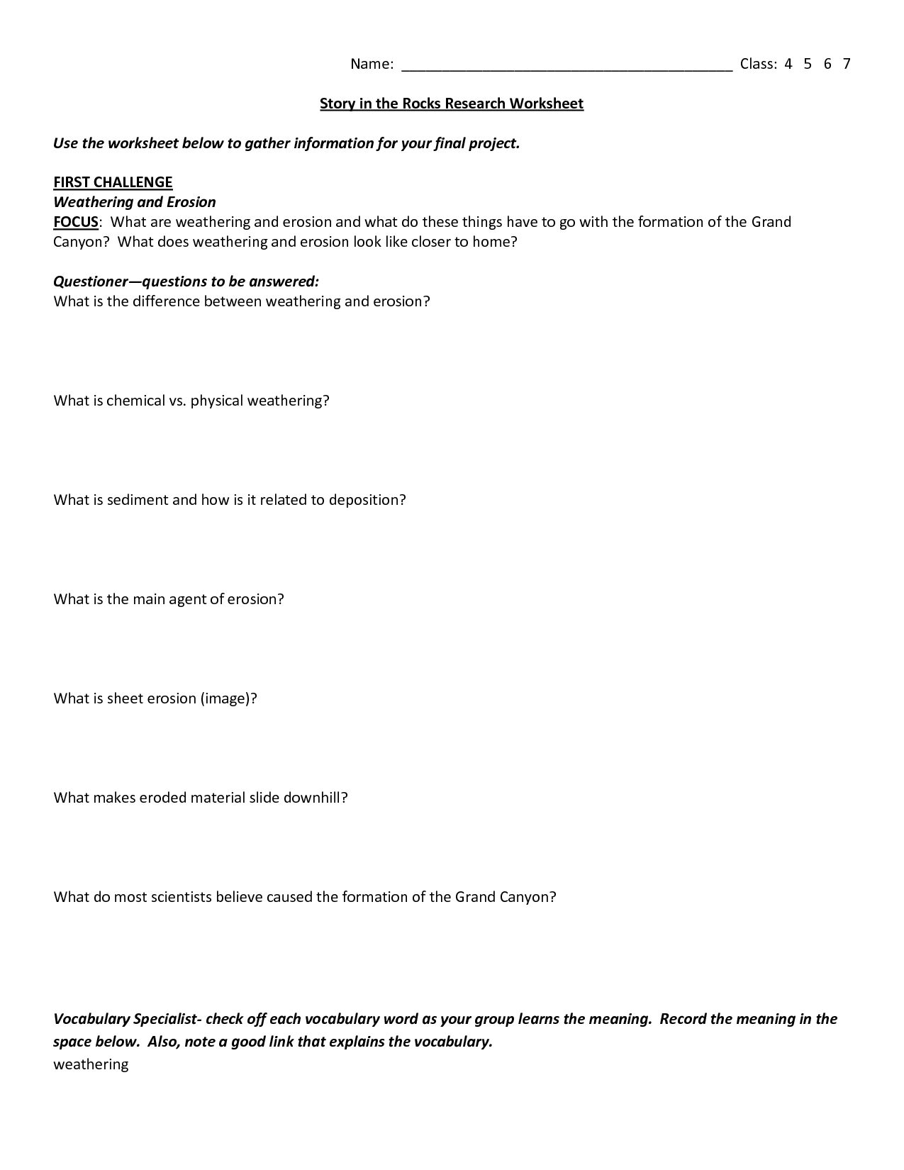 Weathering and Erosion Worksheet