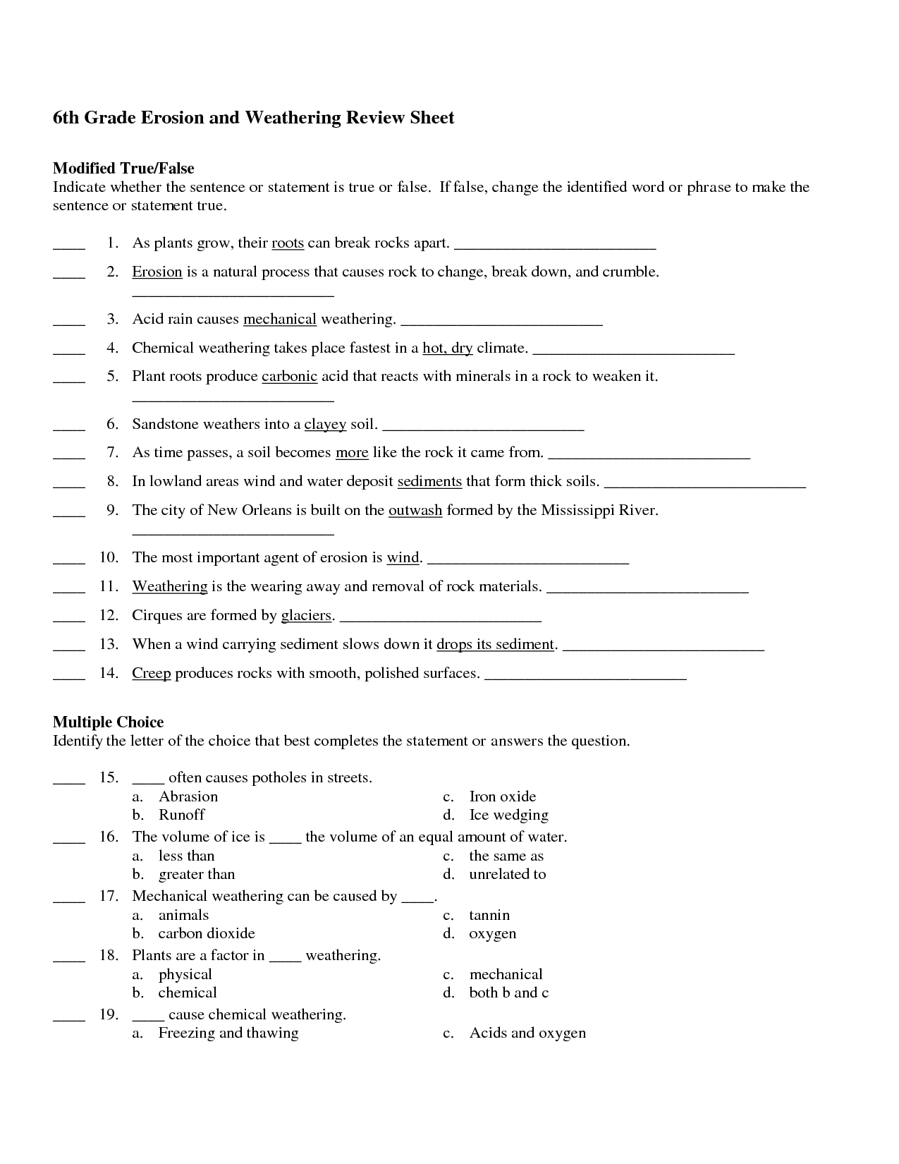 Weathering and Erosion Worksheets 4th Grade