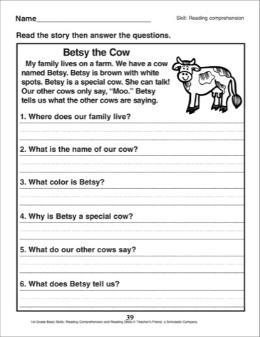 1st Grade Reading Comprehension Worksheets with Questions Image